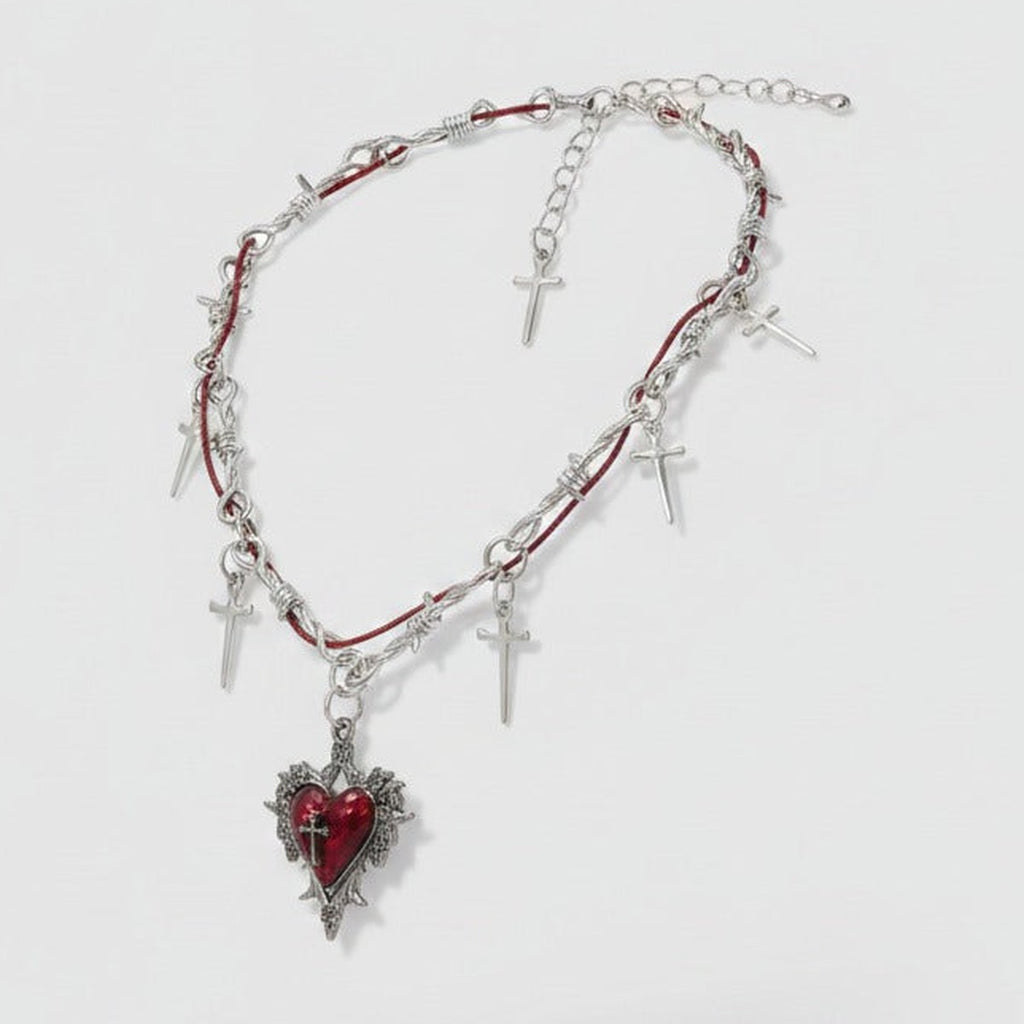 Thorned Heart Pendant Necklace - Silver & Burgundy