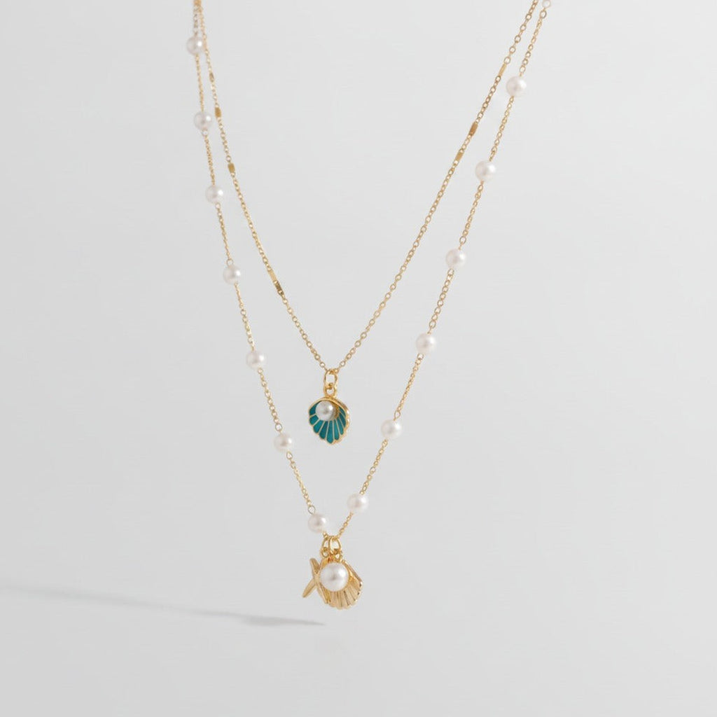 Layered Pearl Shell Charm Necklace - Gold & Teal