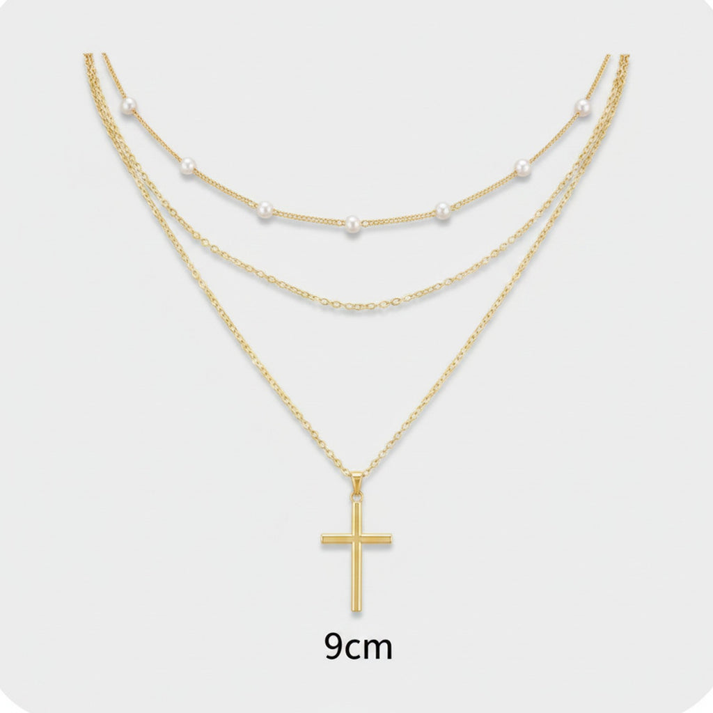 Layered Pearl Cross Necklace - Gold