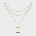 Layered Pearl Cross Necklace - Gold