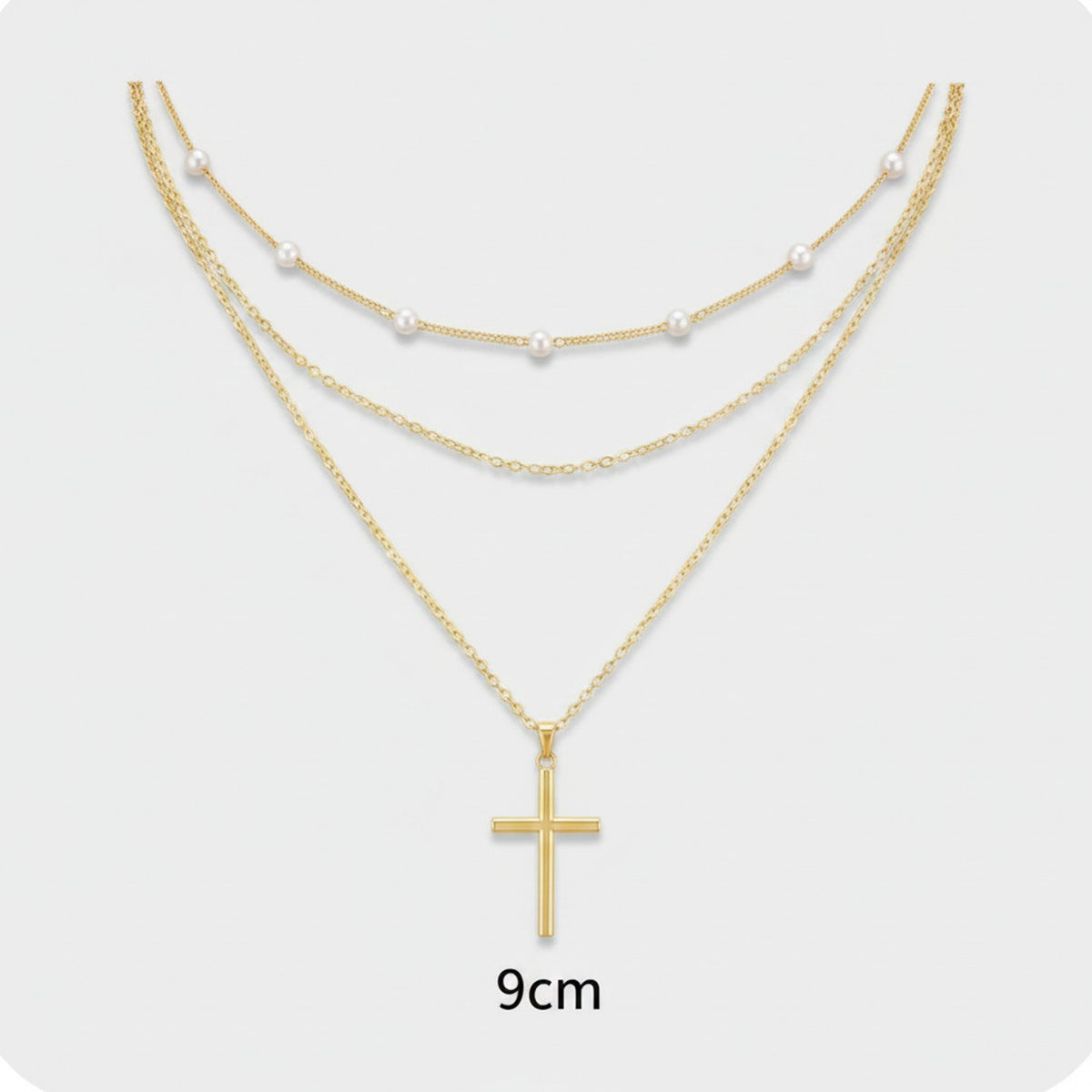 Layered Pearl Cross Necklace - Gold