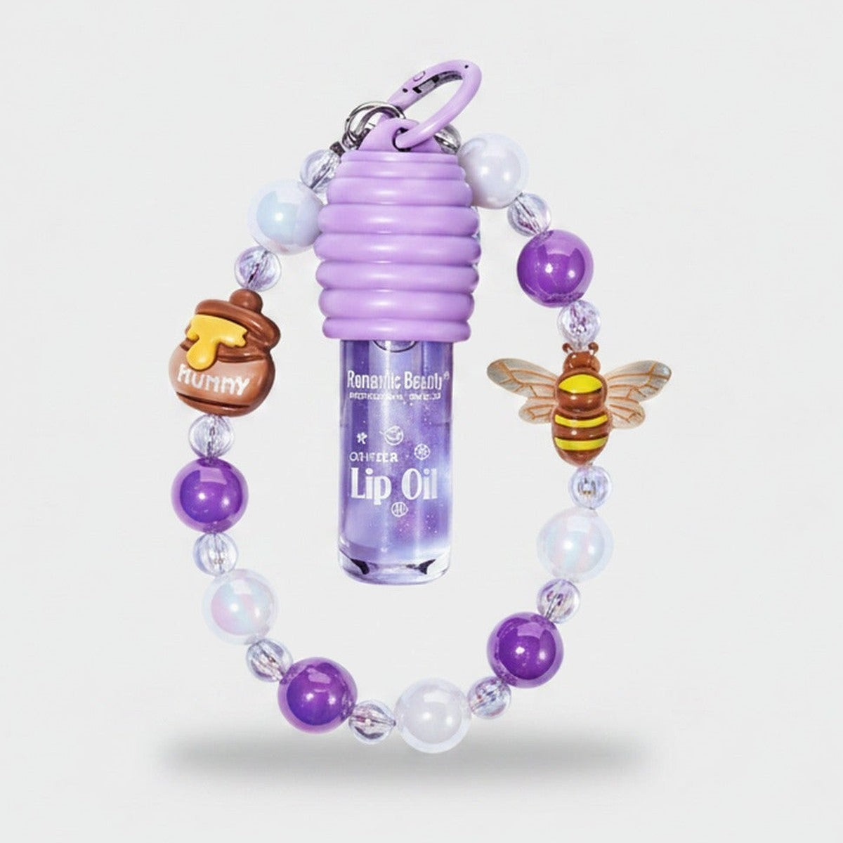 Purple Beaded Lip Oil Keychain With Bee Charm – Korean beauty tool (view 1)