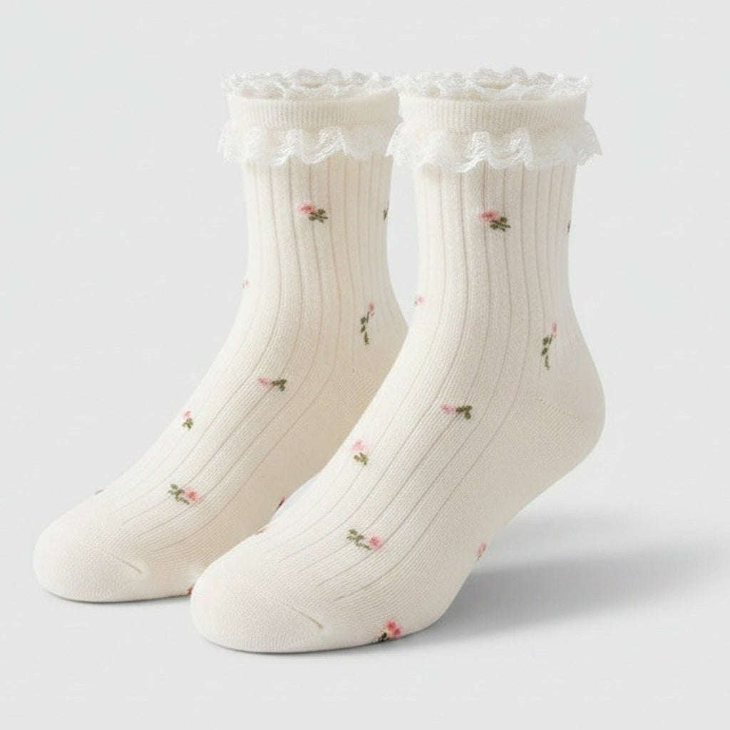 Milky White Ribbed Lace Crew Socks – apparel accessories (view 1)