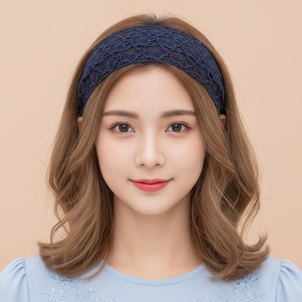 Embroidered Lace Padded Headband - Navy
