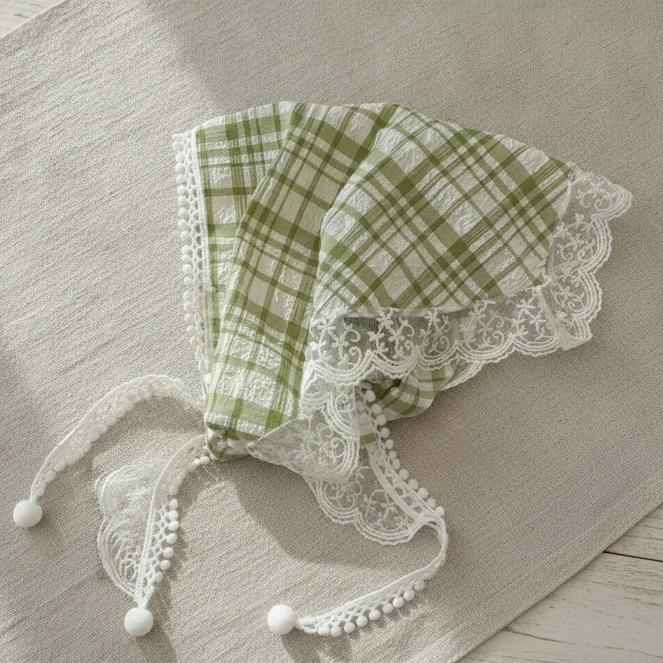 Embroidered Floral Mini Bonnet Headwrap - Green Plaid