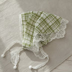 Embroidered Floral Mini Bonnet Headwrap - Green Plaid