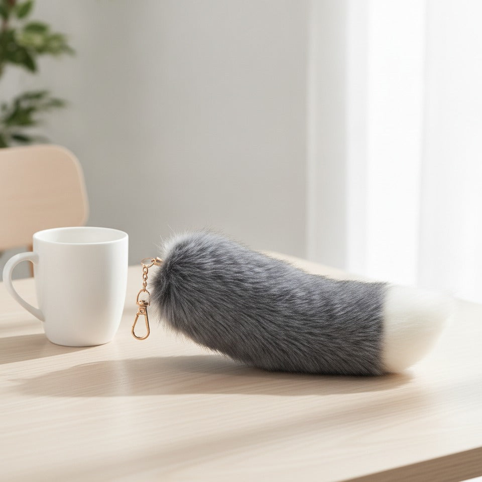 Fluffy Faux Fur Tail Keychain - Silver Blue