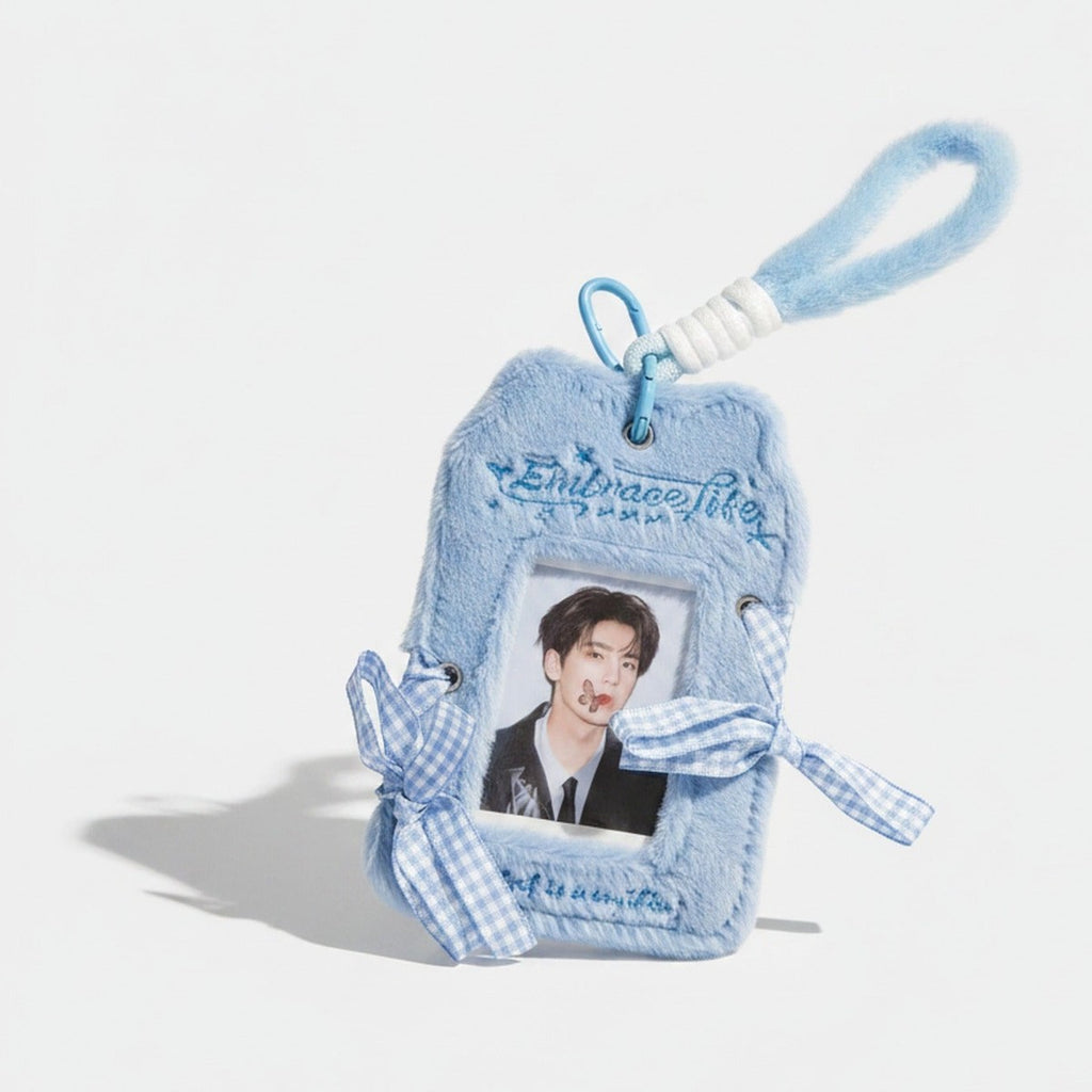 Fuzzy Photo Frame Keychain with Ribbons - Blue Plush Card Holder with Ribbon – tech (view 1)