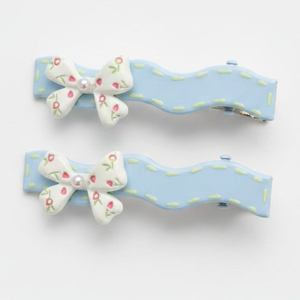 Floral Bow Hair Clips with Pearl Detail Set – hair accessories (view 1)