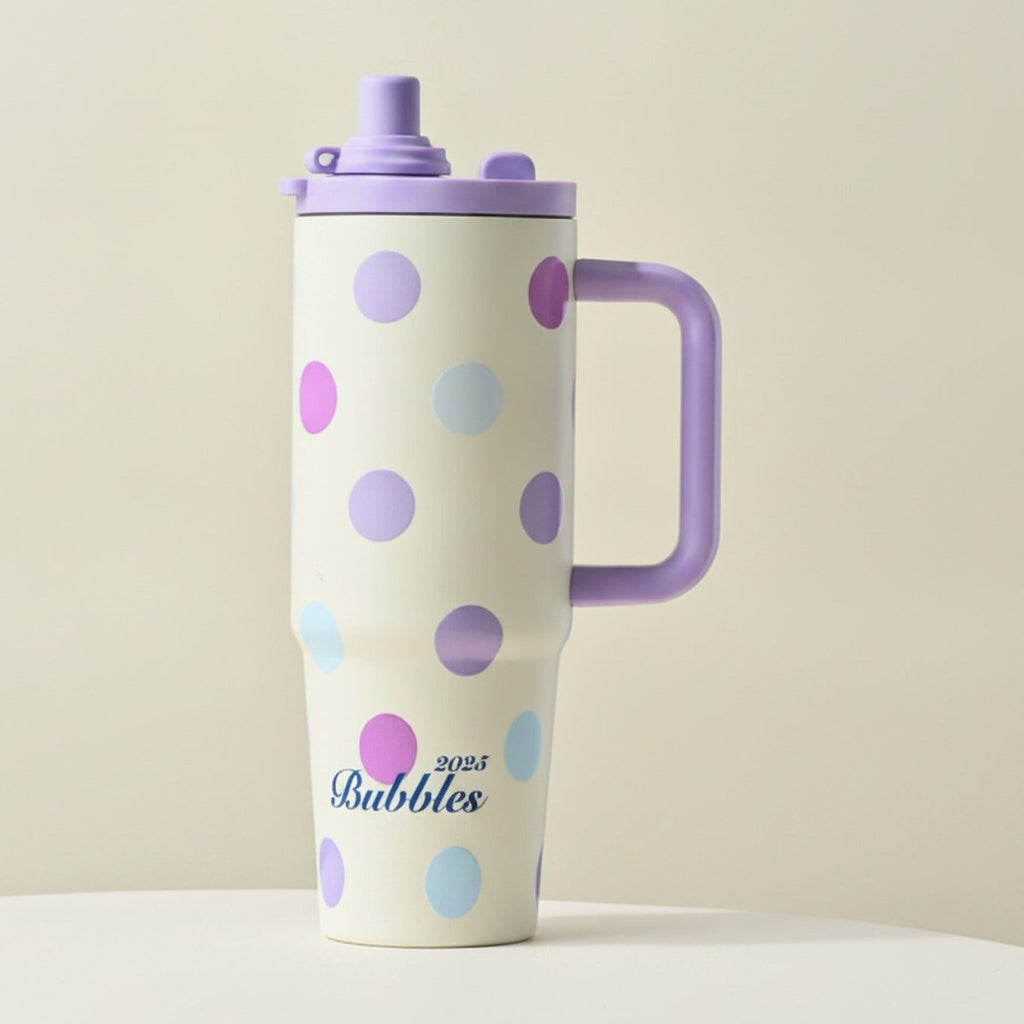 Cream Polka Dot Tumbler With Purple Handle – novelty & toys (view 1)