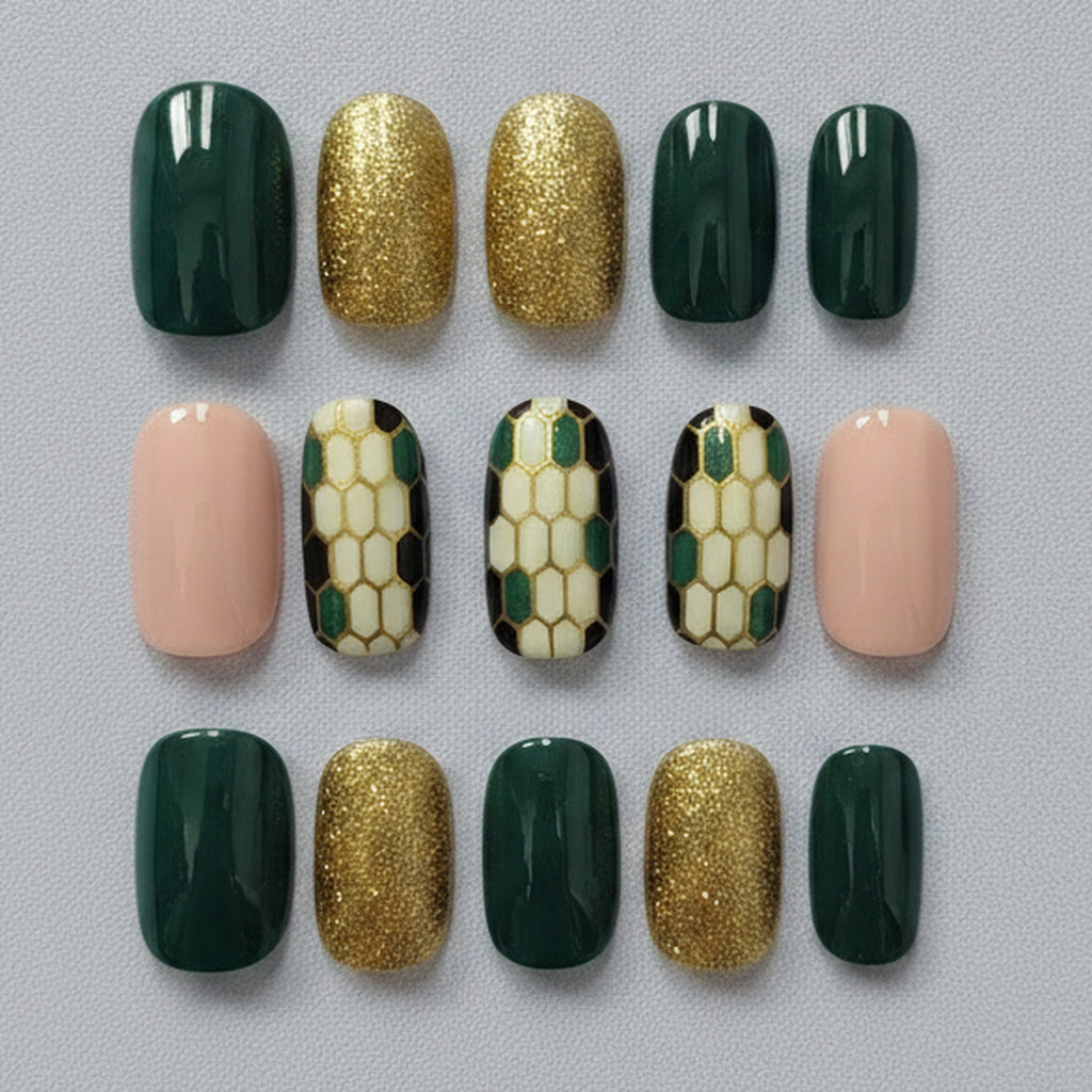 Press-On Nail Set, 12-Piece - Forest & Gold