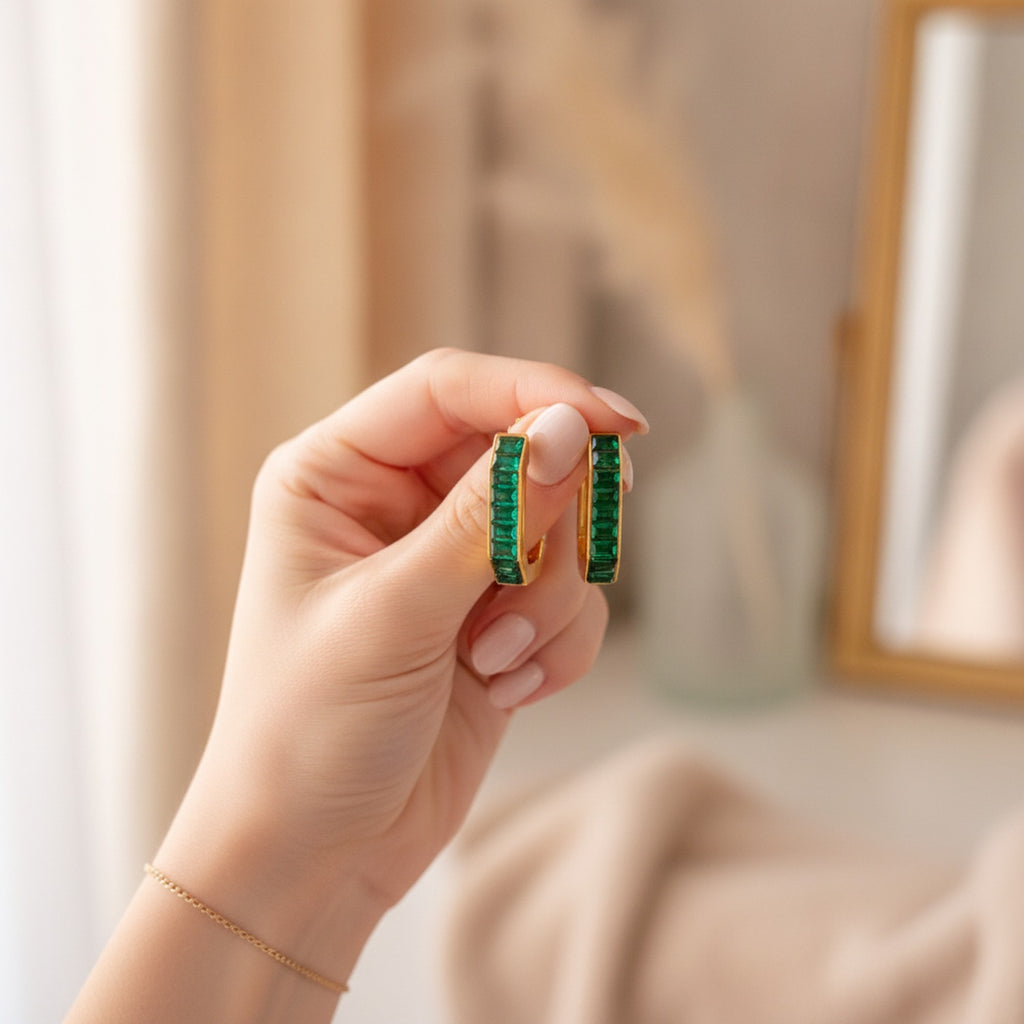 Rainbow Gem Chunky Hoop Earrings Emerald Green