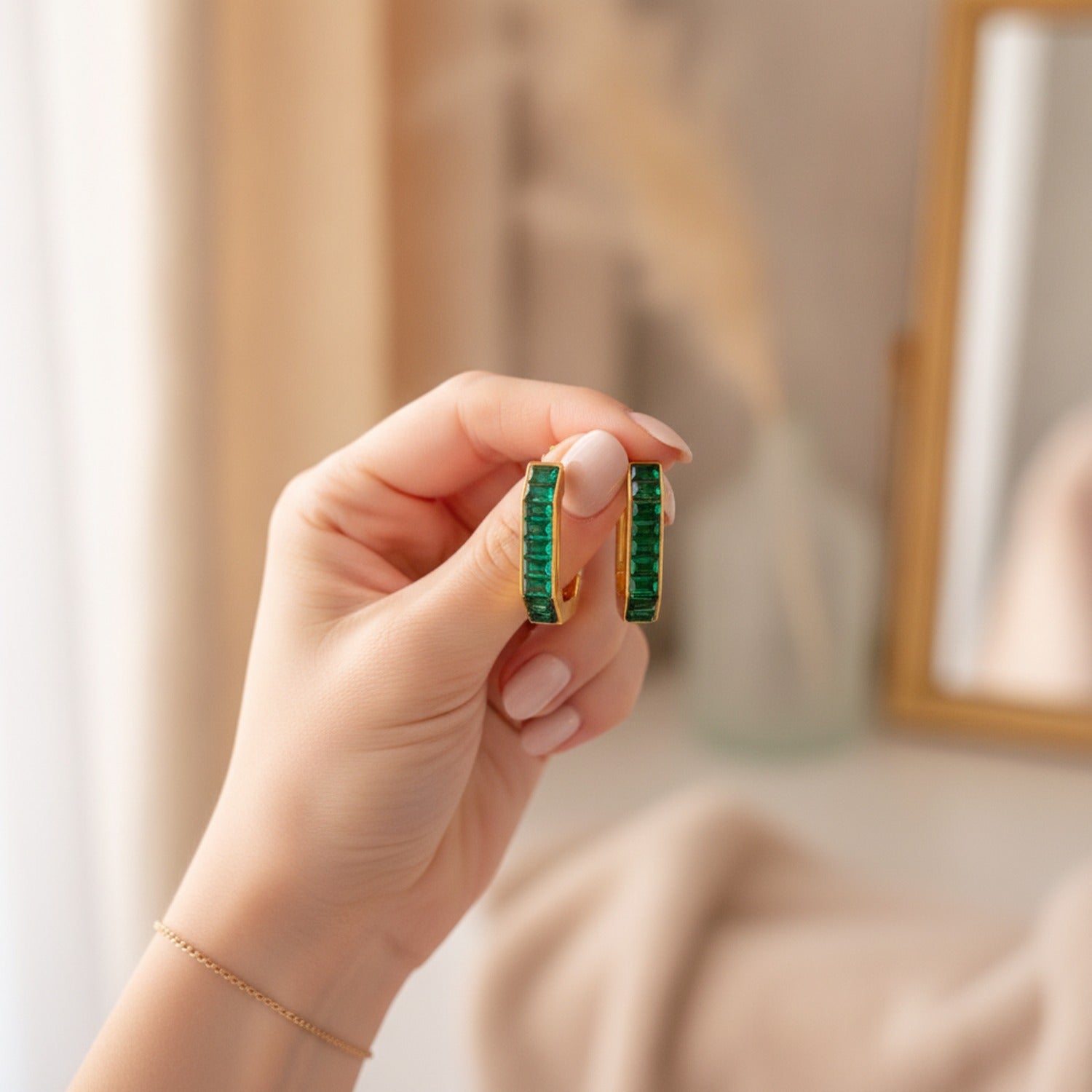 Rainbow Gem Chunky Hoop Earrings Emerald Green