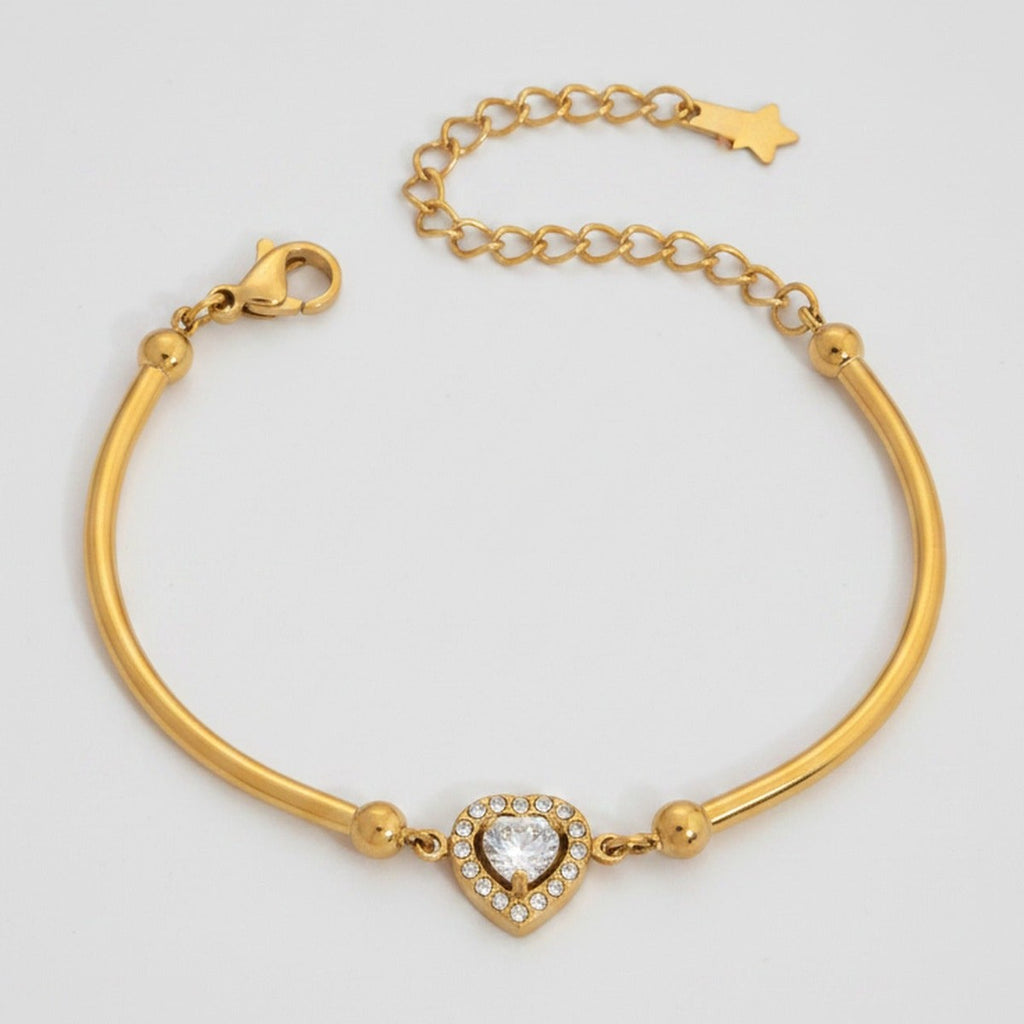 Gold Heart Rhinestone Bangle Bracelet With Chain – jewelry (view 1)