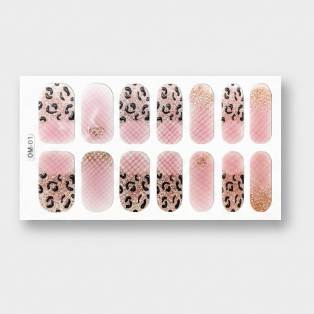 Leopard Print Pink Nail Wraps With Glitter – Korean nail care (view 1)
