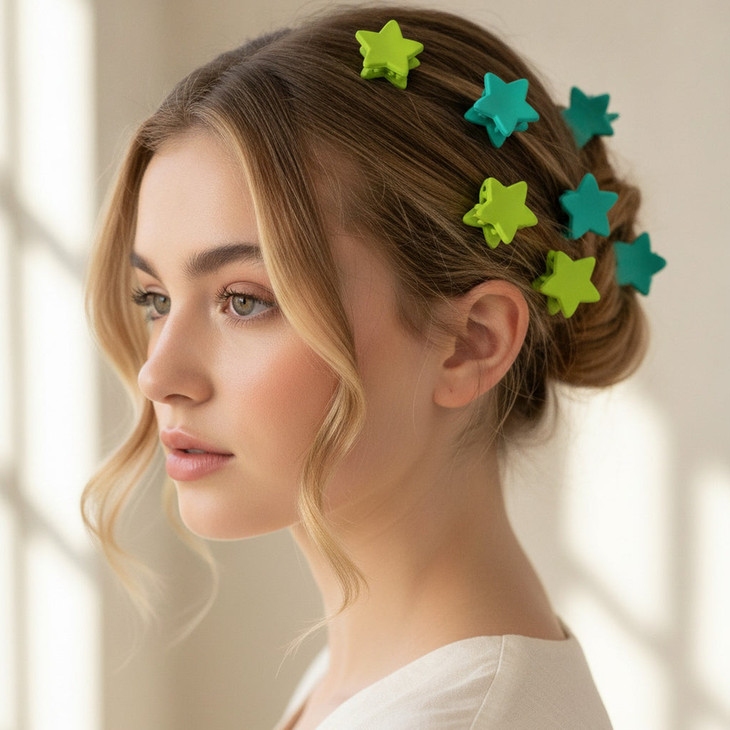 Blue Flower Hair Clips Set Green Stars