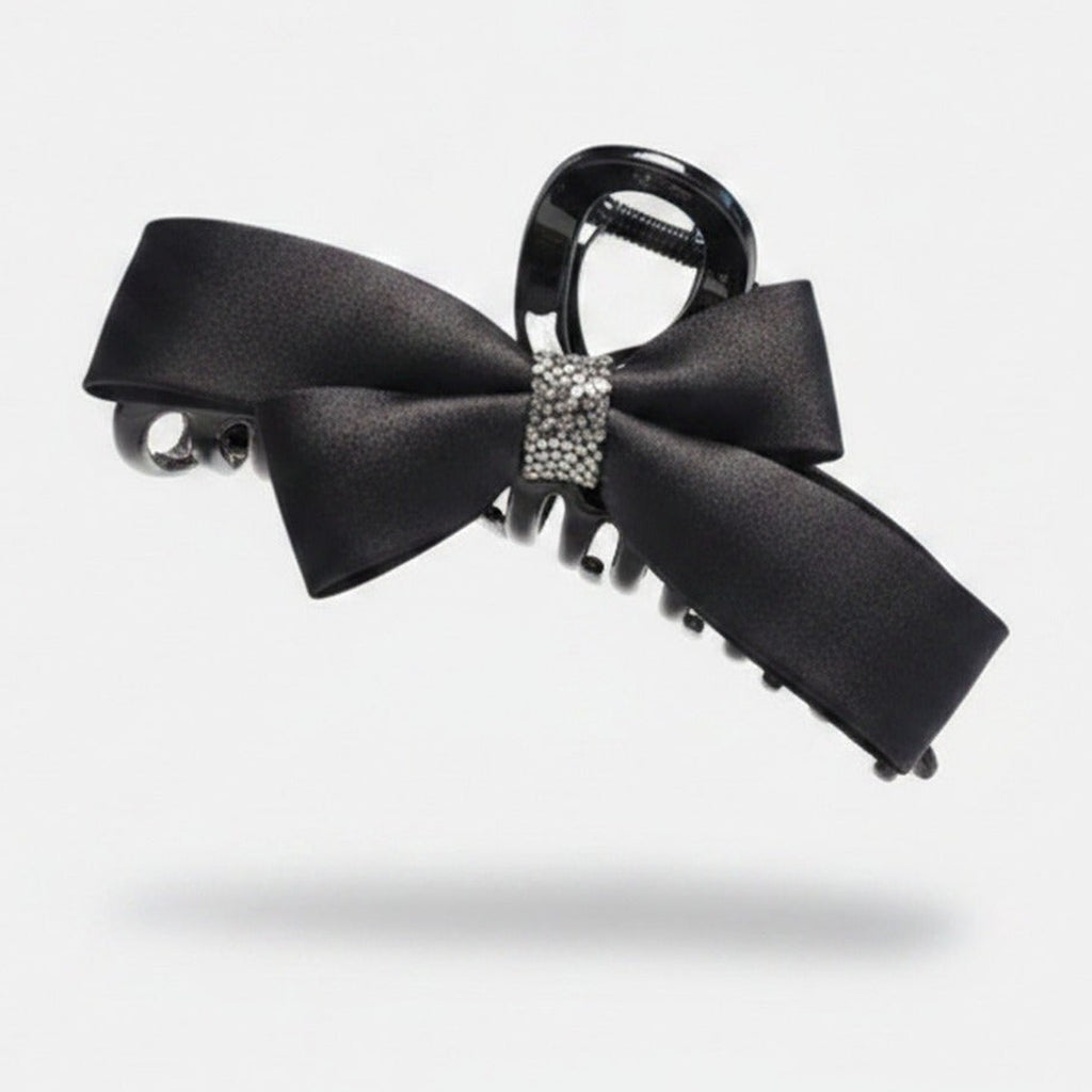Black Satin Bow Hair Claw with Rhinestones – hair accessories (view 1)