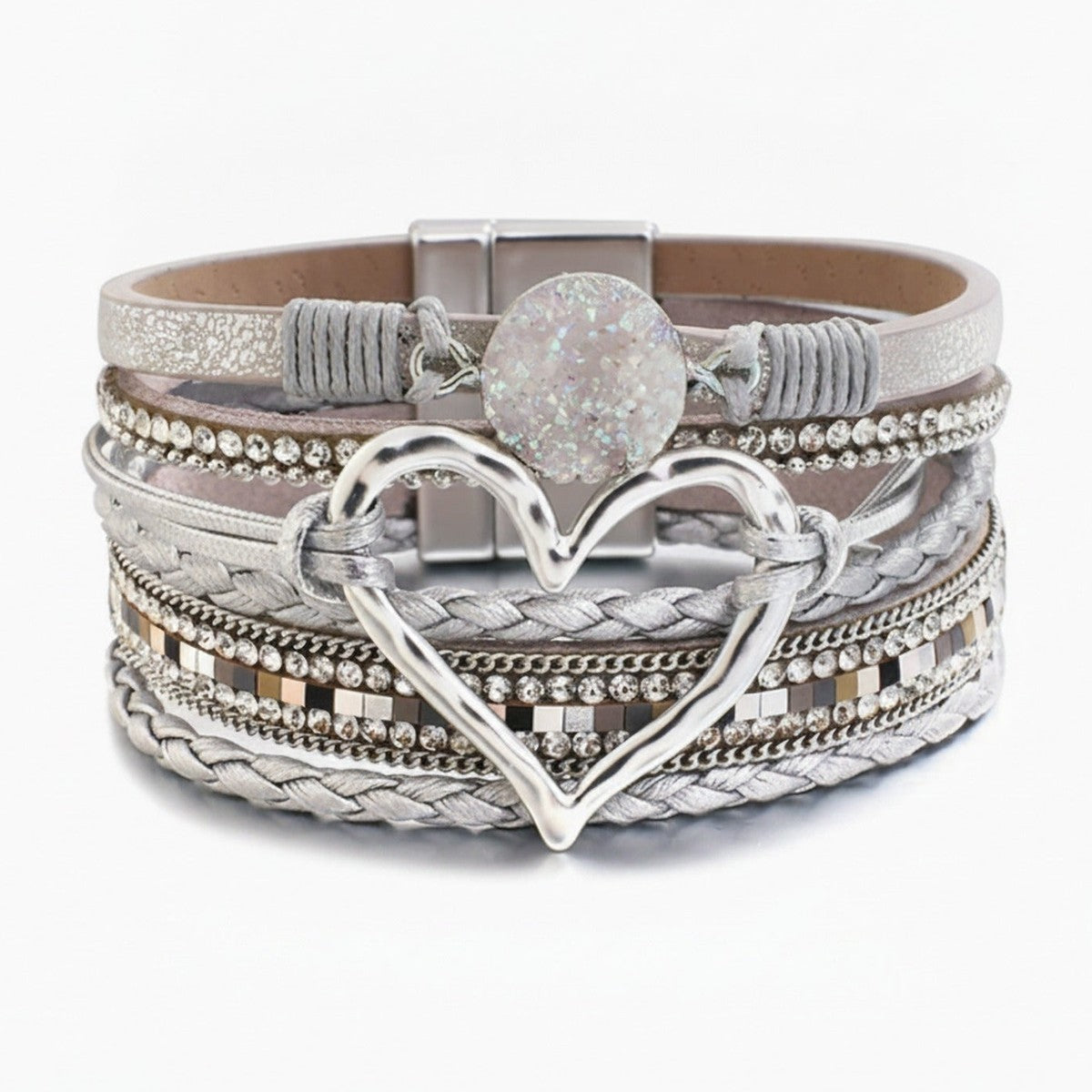 Leather Heart Rhinestone Multi-Strand Bracelet - Opal Glitter Heart – jewelry (view 1)