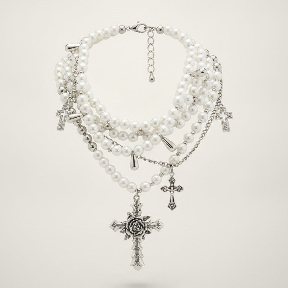 Multi-Layer Pearl Cross Pendant Necklace – jewelry (view 1)