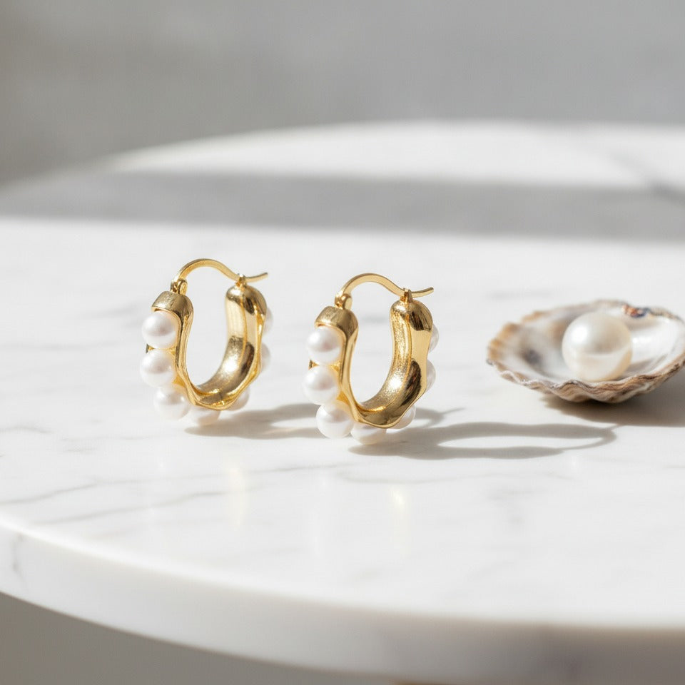 Pearl Bubble Huggie Hoop Earrings - Gold
