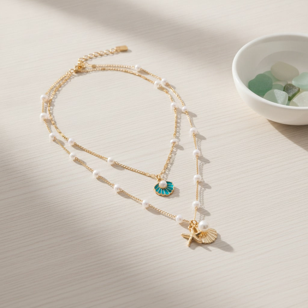 Layered Pearl Shell Charm Necklace - Gold & Teal
