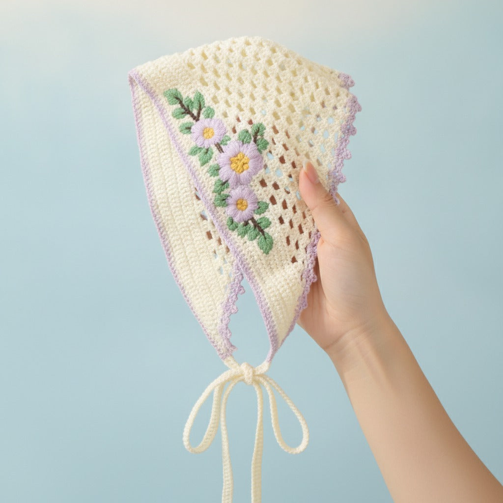 Crochet Floral Triangle Headwrap - Purple