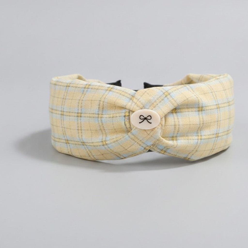 Headband With Bow Charm Detail - Blue Yellow Plaid Wide Headband Cream Butterfly Tag – hair accessories (view 1)