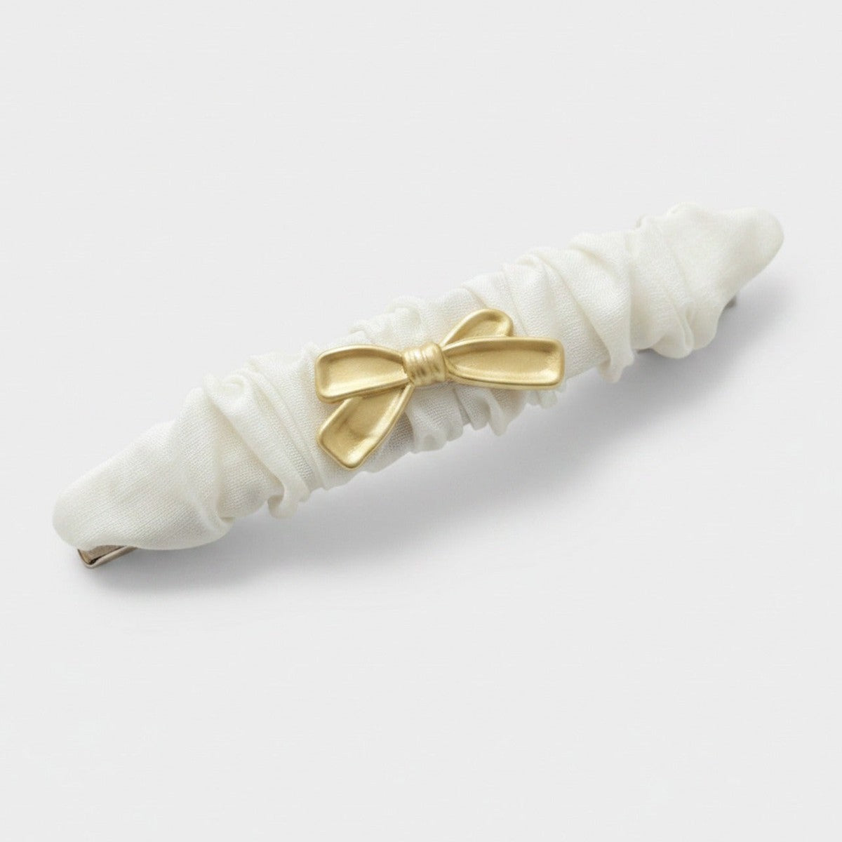 Cream Ruched Hair Clip With Gold Bow – hair accessories (view 1)
