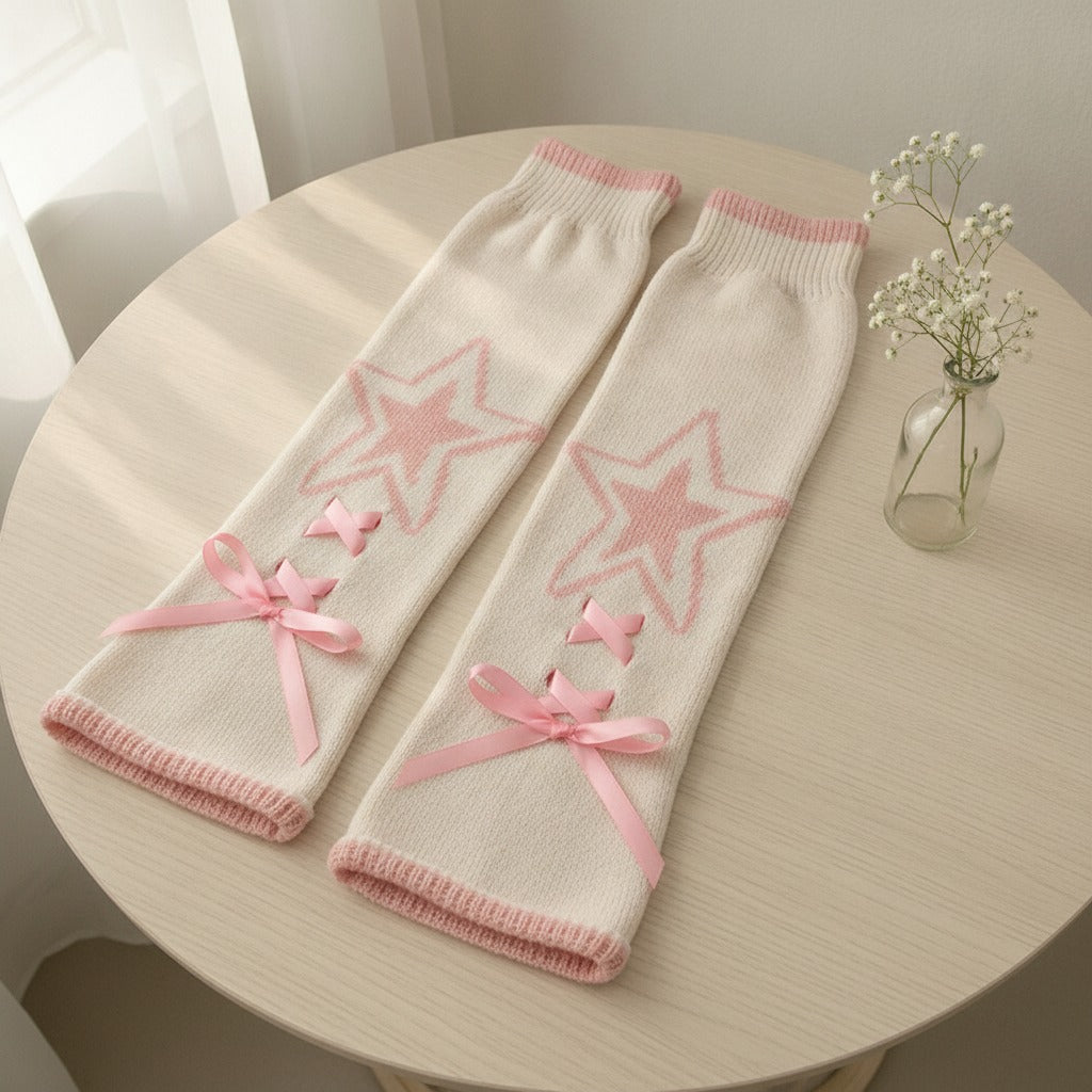 Star & X Knit Crew Socks - White & Pink