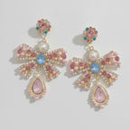Rhinestone Bow Pearl Drop Earrings Gold – jewelry (view 1)