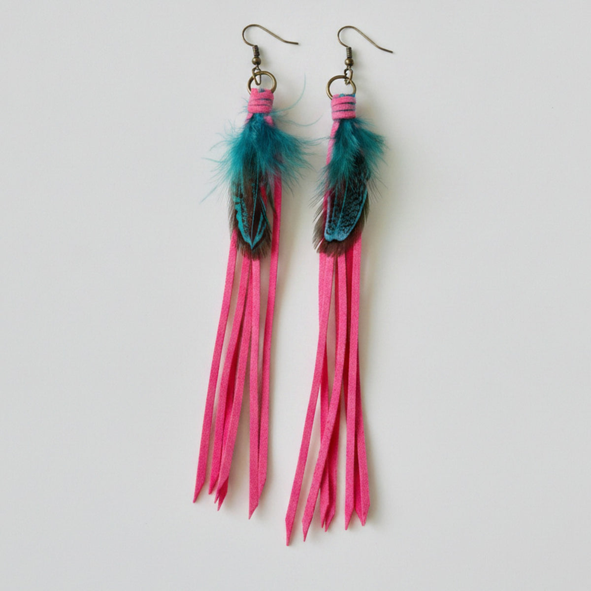 Feather Fringe Dangle Earrings - Teal