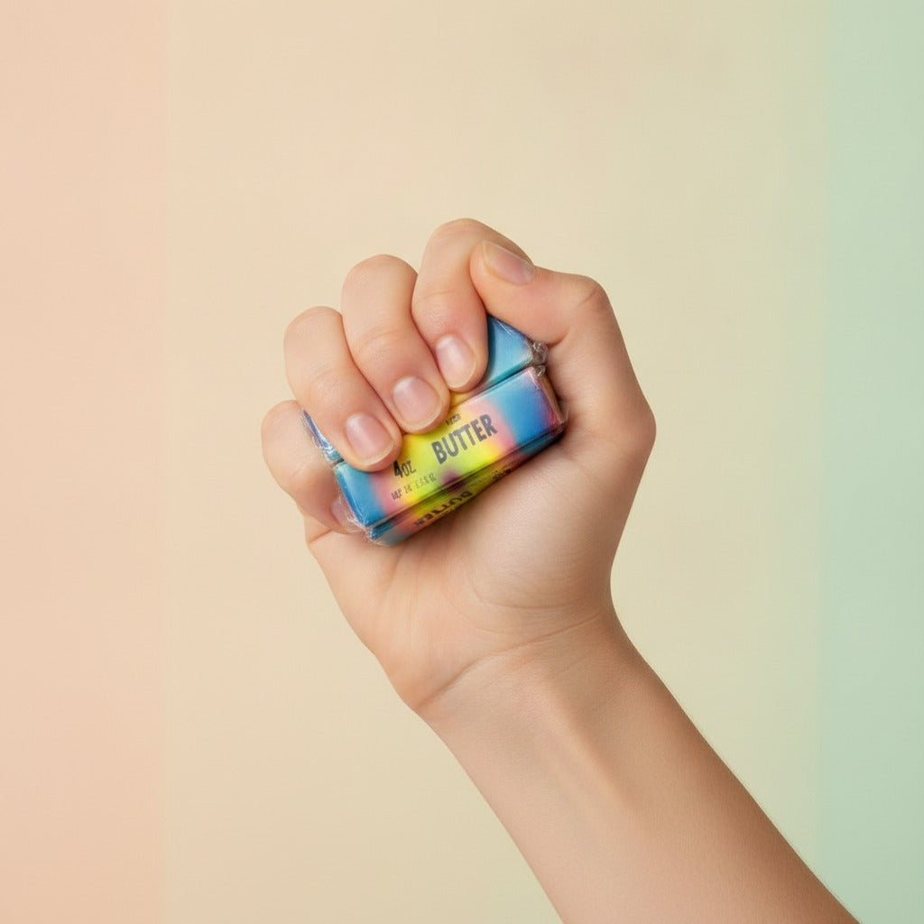 Rainbow Colored Salted Butter Sticks 4oz - squeeze in hand