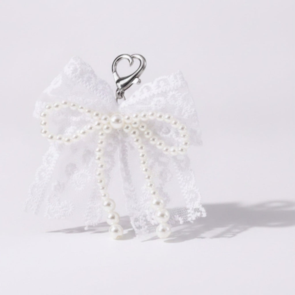 Pearl Lace Bow Bag Charm - White