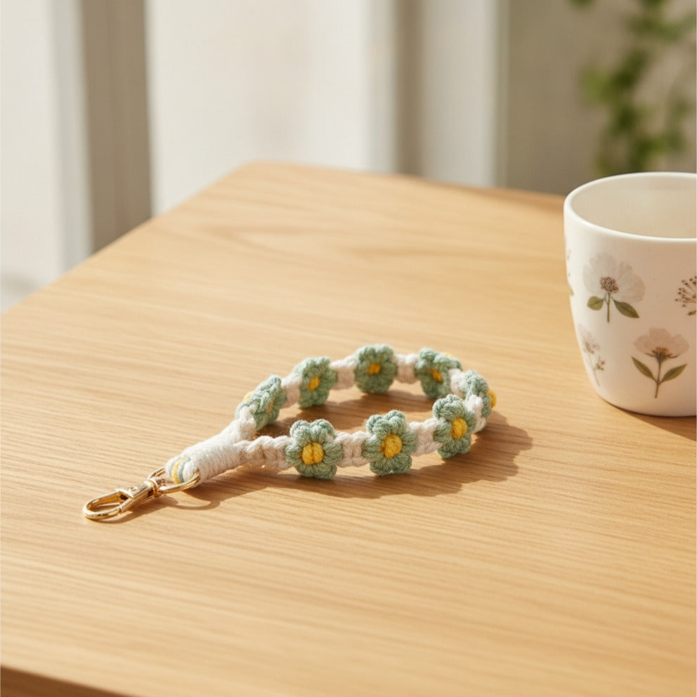 Crochet Daisy Flower Keychain - Sage Green