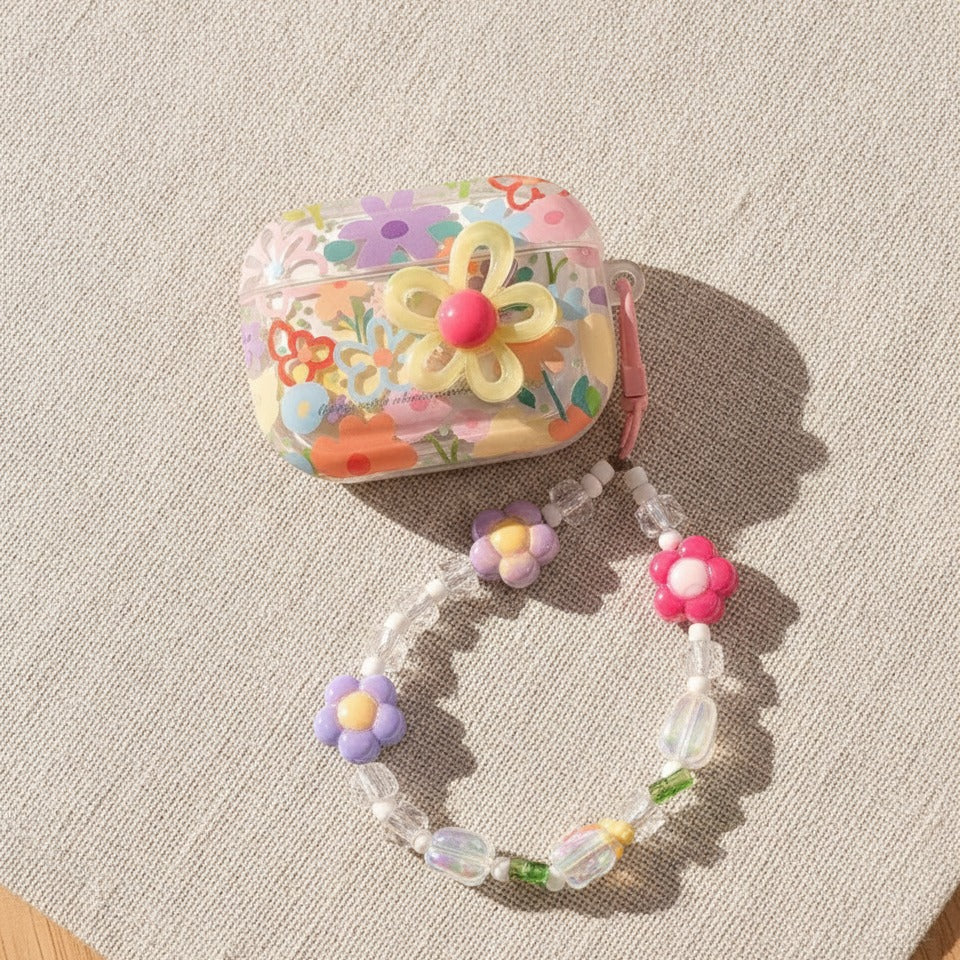 Floral Charm Earbud Case with Beaded Chain - Pastel Floral (for AirPods 4)