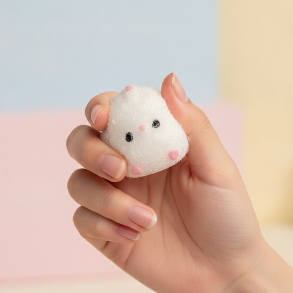 White Fuzzy Ghost Squishy With Pink Cheeks - squeeze in hand