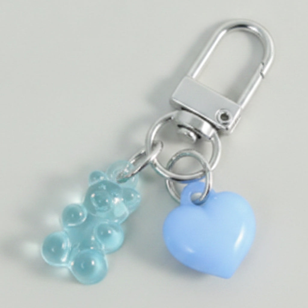 Beaded Bear & Heart Charm Keychain - Clear Bear & Blue Heart