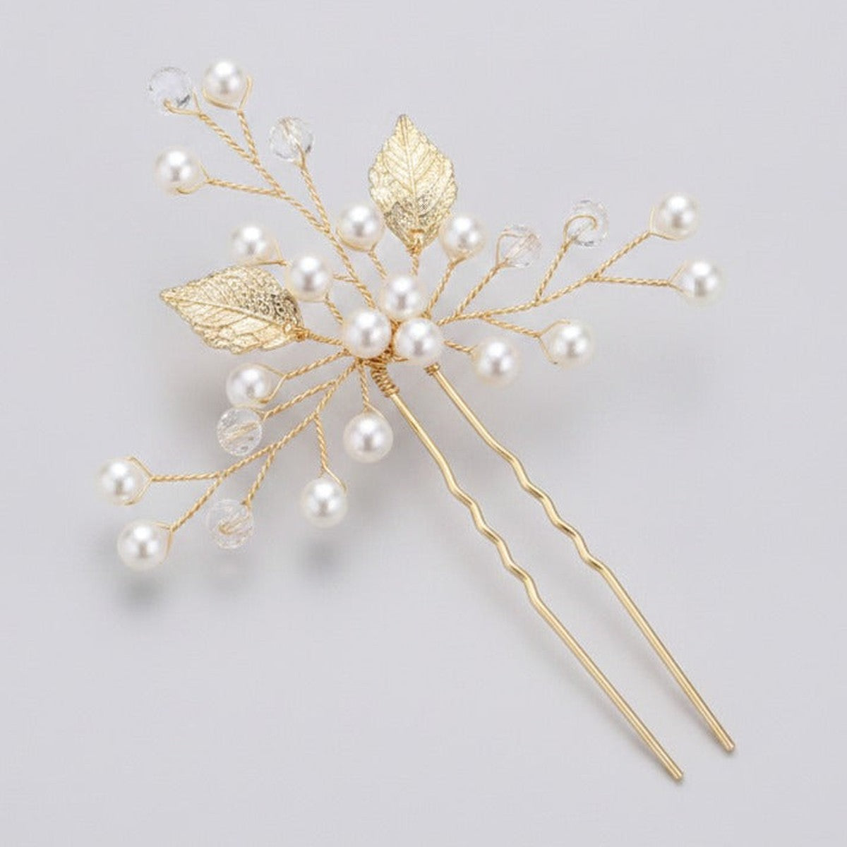 Pearl & Leaf Hair Pin Set - Gold