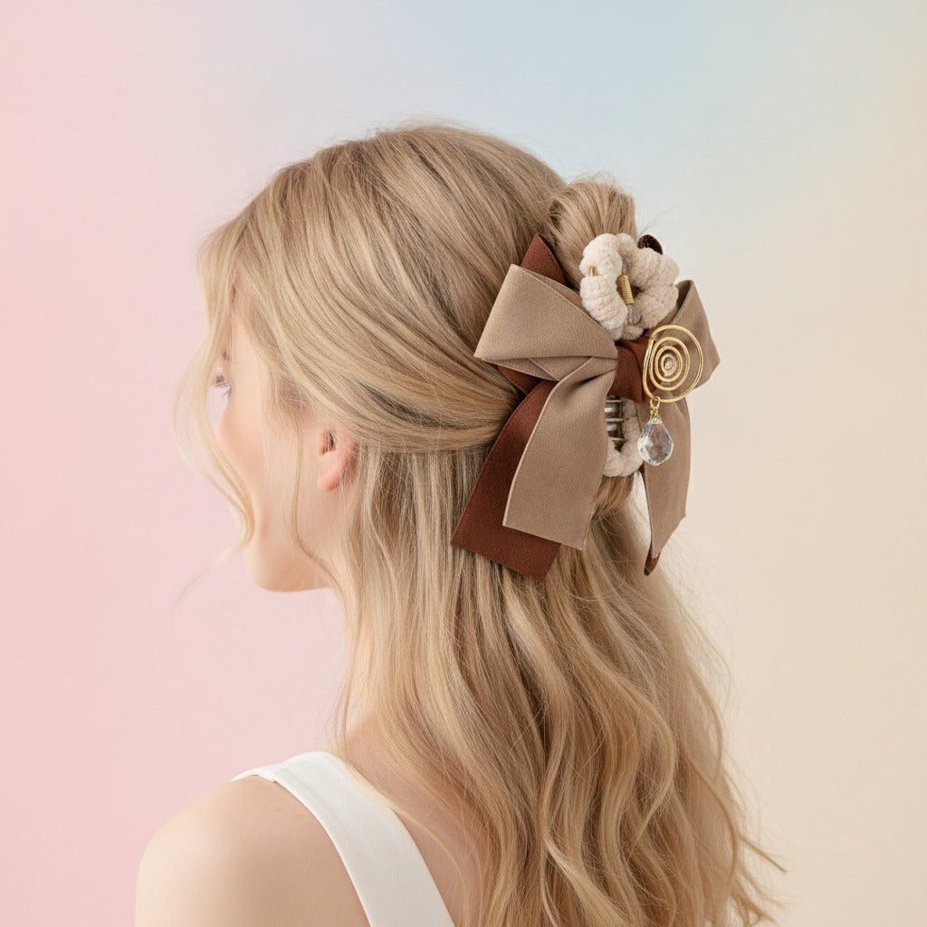 Textured Bow Hair Claw - Beige