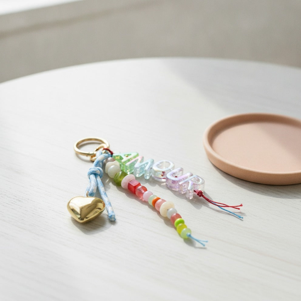 Beaded Letter Charm Keychain - Rainbow Beads