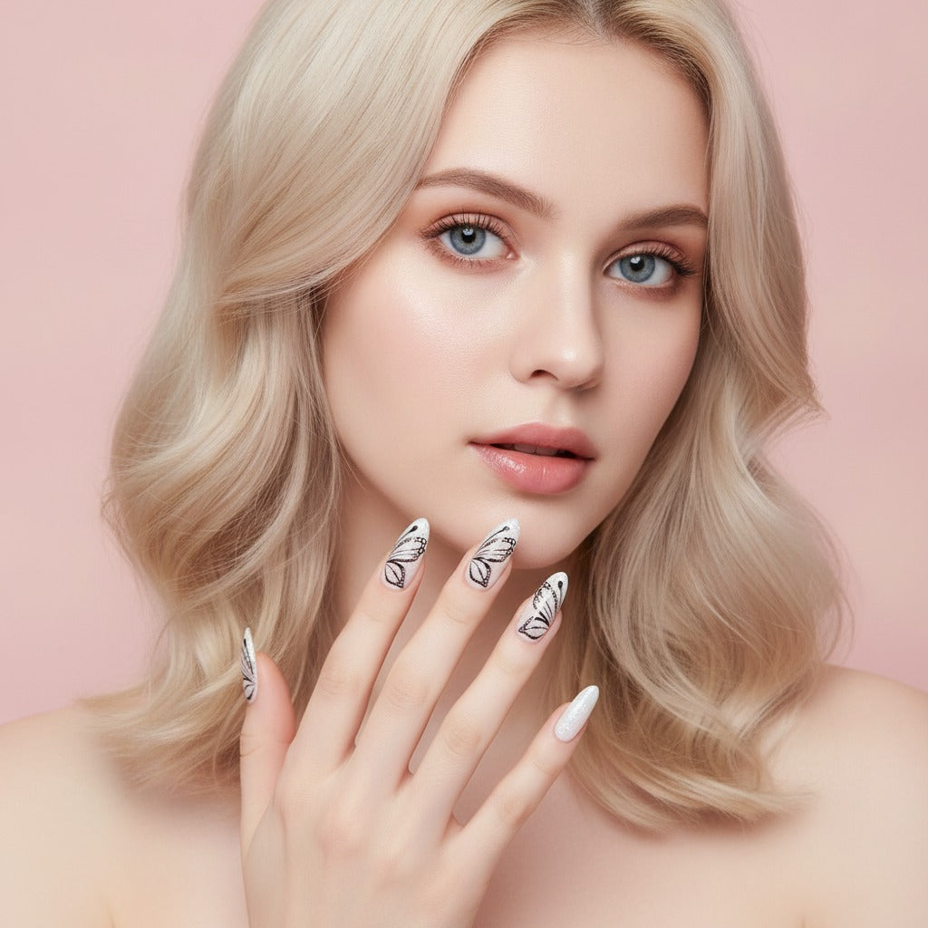 Butterfly Wing Press-On Nails Set - Pearl White