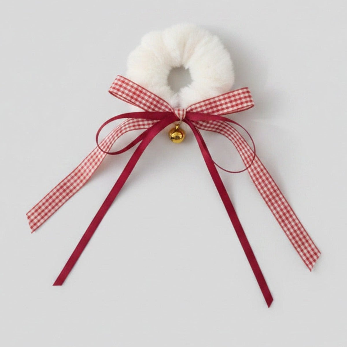 Fluffy White Hair Scrunchie With Red Ribbon Bow – hair accessories