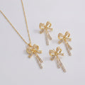 Rhinestone Bow Necklace & Earring Set - Gold