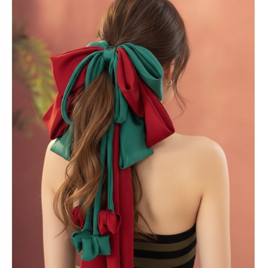 Ribbon Bow Hair Claw Clip - Burgundy & Forest