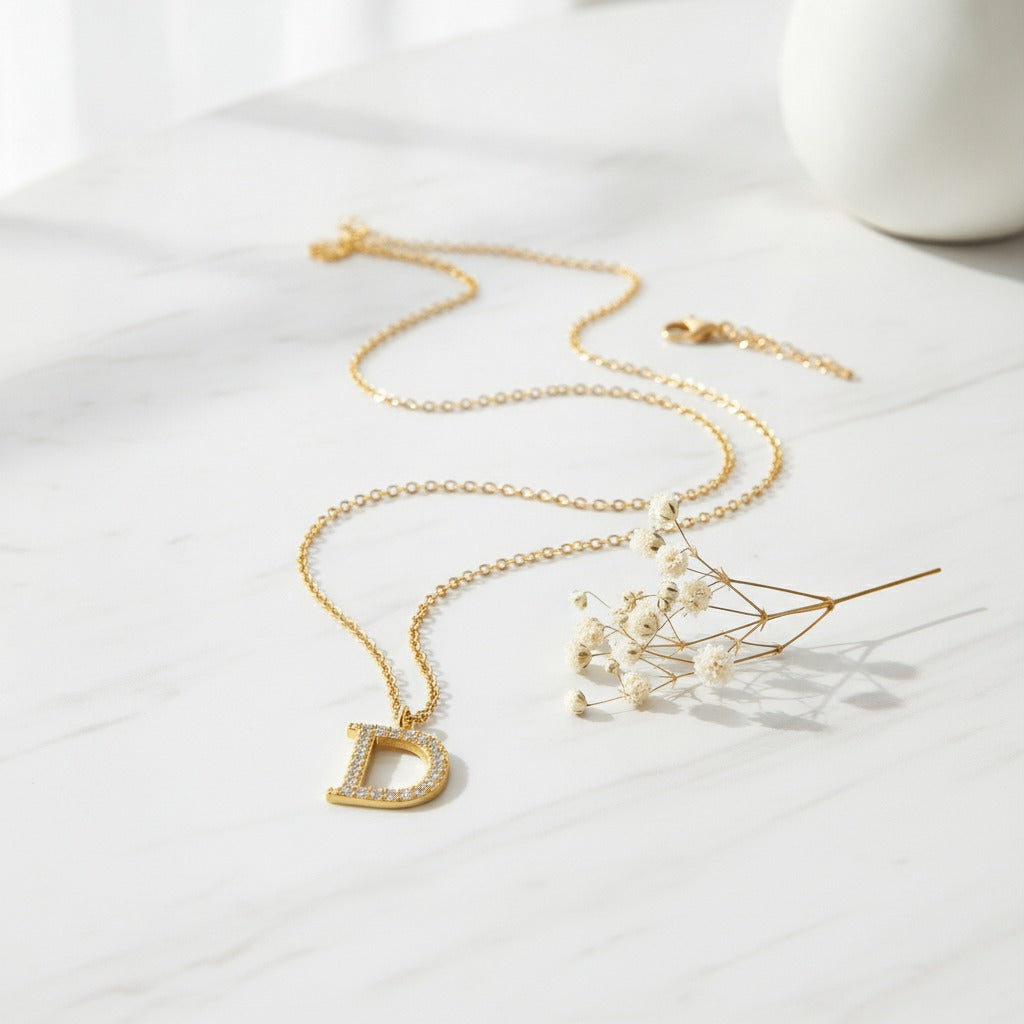 Pave Initial Letter Necklace - Gold D