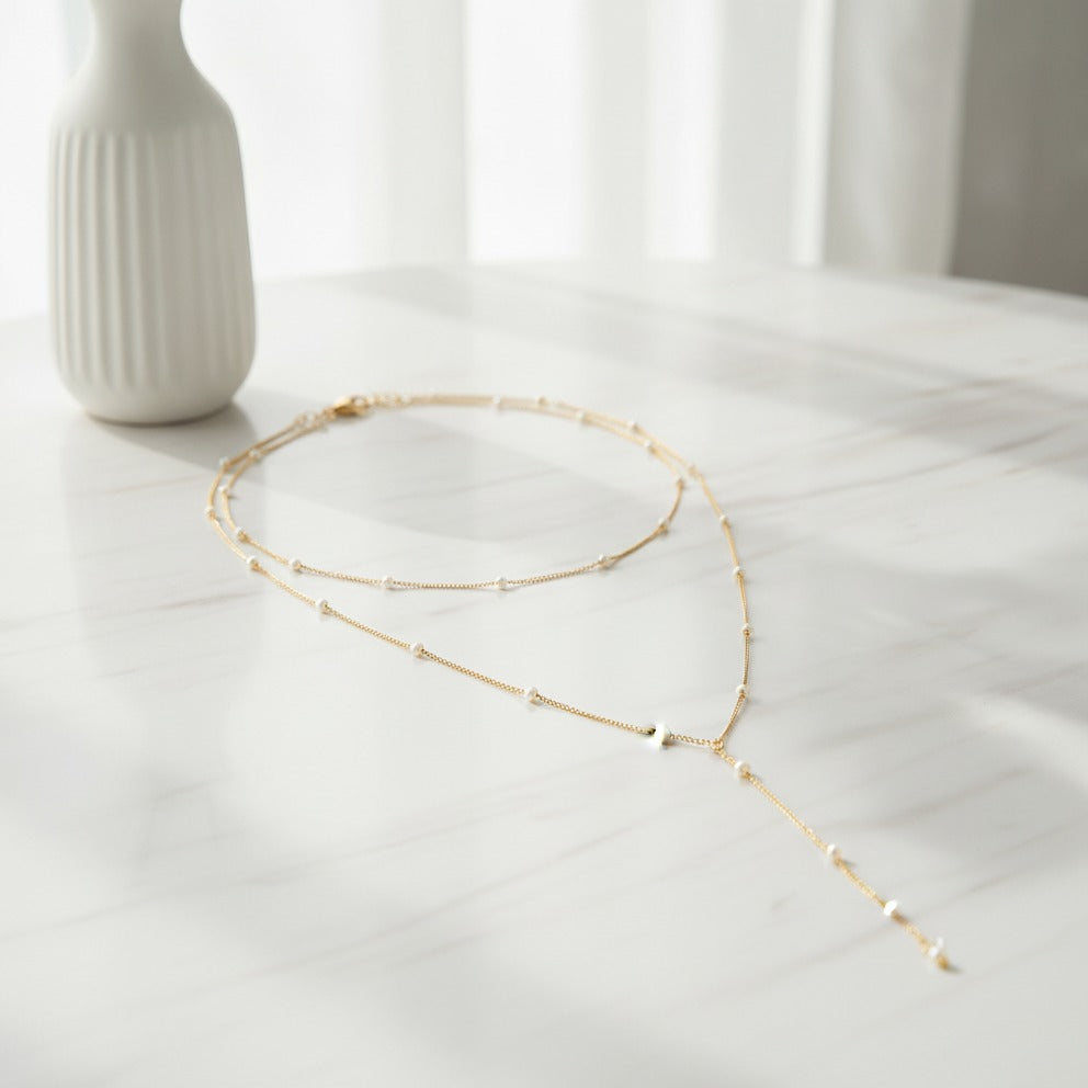 Delicate Layered Pearl Chain Necklace - Gold