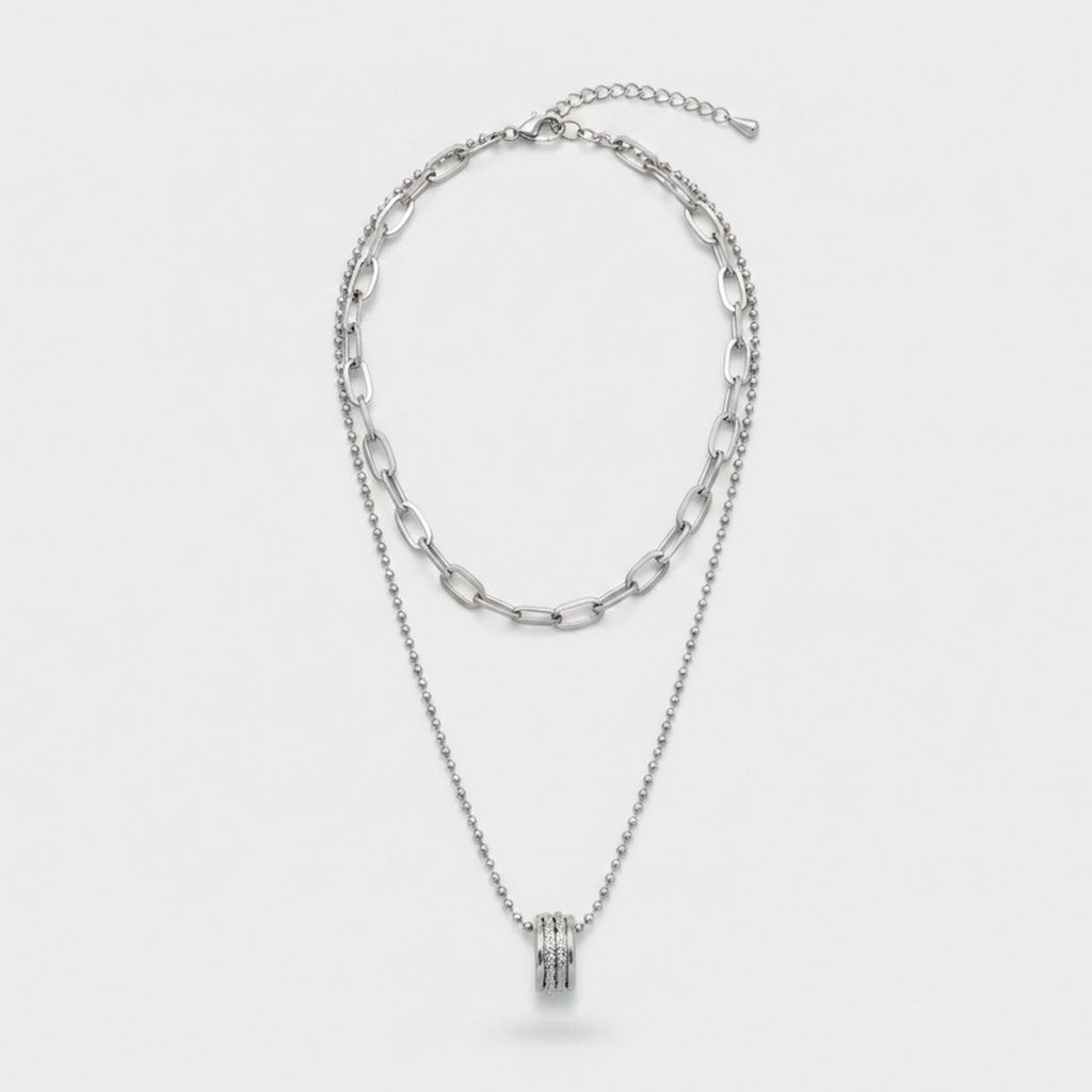 Silver Layered Chain Necklace With Rhinestone Pendant – jewelry (view 1)