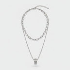 Silver Layered Chain Necklace With Rhinestone Pendant – jewelry (view 1)