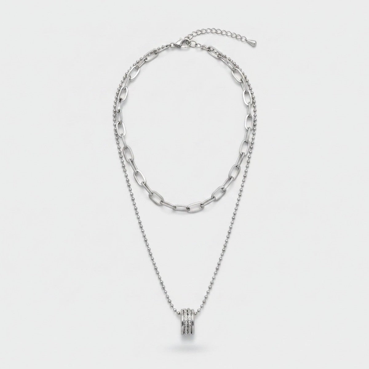 Silver Layered Chain Necklace With Rhinestone Pendant – jewelry (view 1)