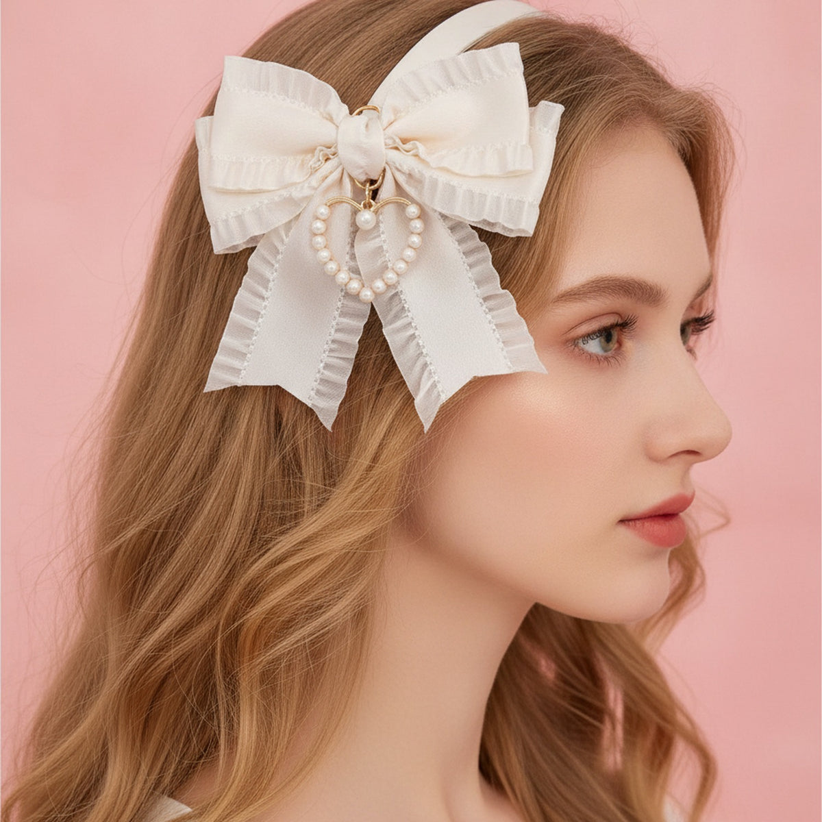 Ruffled Ribbon Bow Keychain - Cream